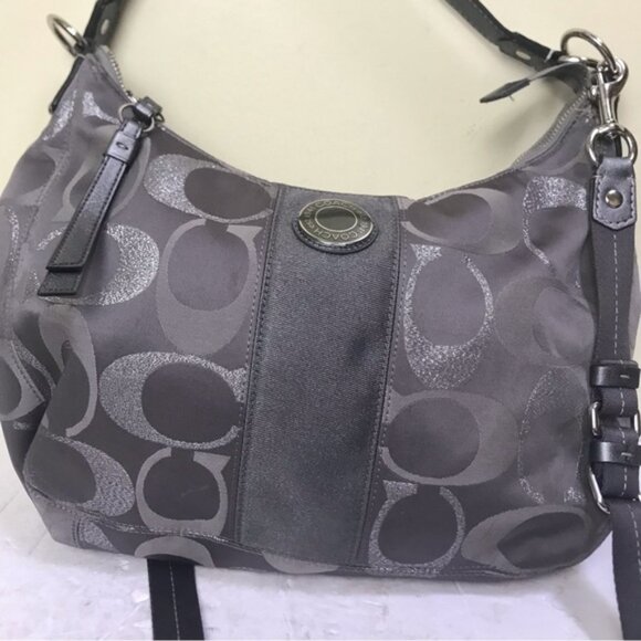 COACH Hobo Shoulder Crossbody Bag CC Silver Metallic Signature Leather Canvas - Picture 5 of 16
